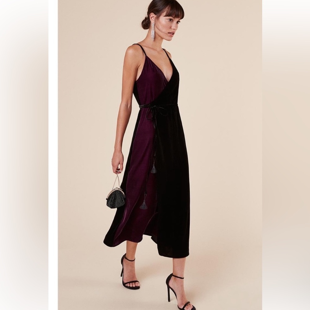 REFORMATION velvet bicolor burgundy/black Lana Wrap Dress Medium